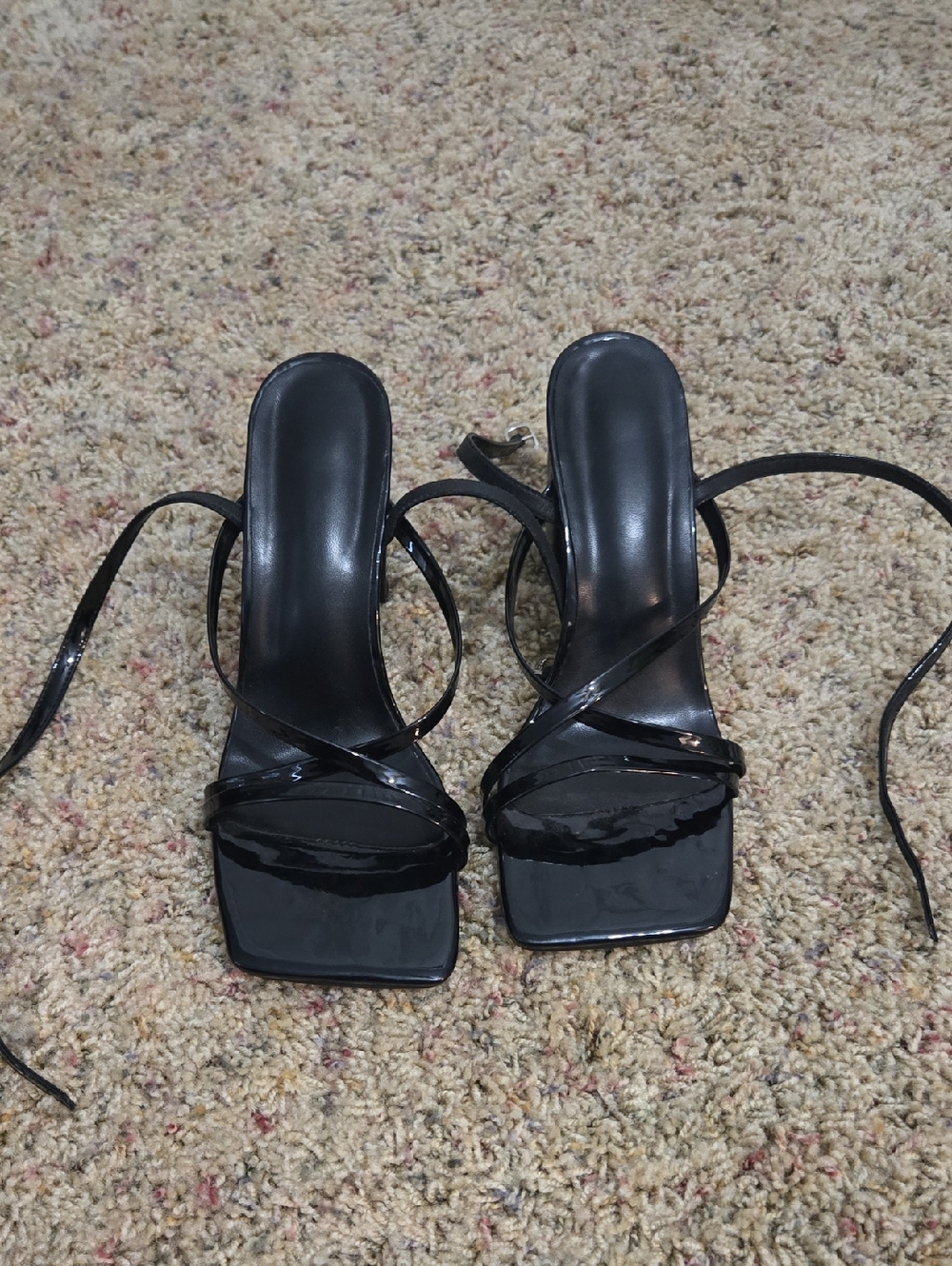 PrettyLittleThing Black Patent Square-Toe Strappy Heels